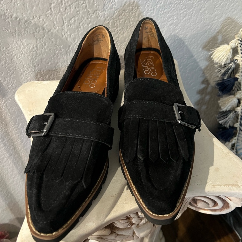 Franco Sarto Black Loafers with Fringe Detail